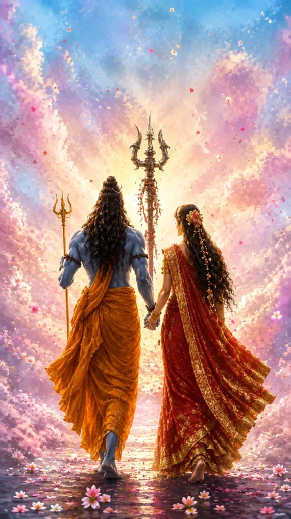 Lord Shiva and Goddess Parvati walking hand in hand with Trishuls through a heavenly flower-filled landscape.
