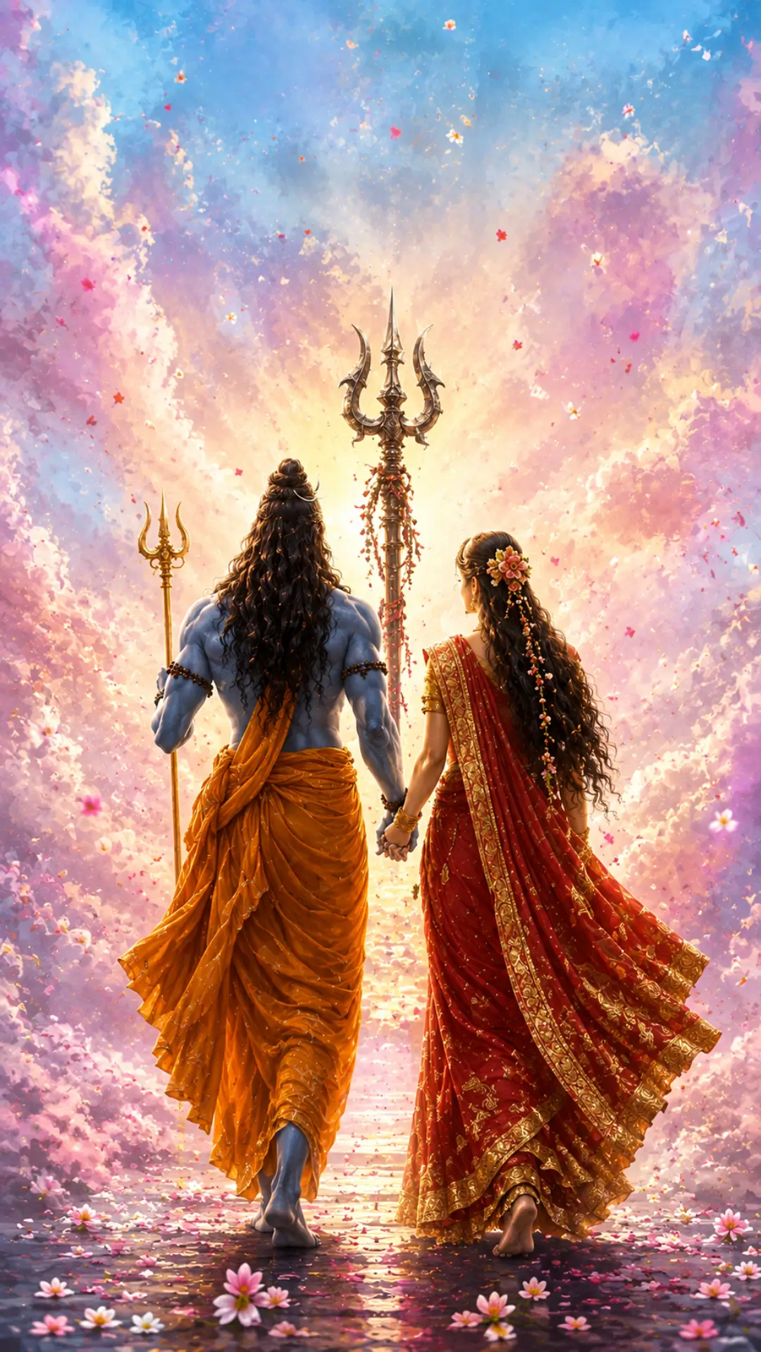 Lord Shiva and Goddess Parvati walking hand in hand with Trishuls through a heavenly flower-filled landscape.
