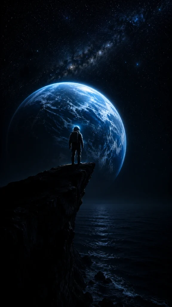 Lone astronaut standing on a cliff overlooking a glowing blue Earth beneath the Milky Way in deep space.