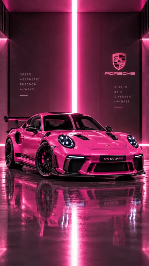 4k-car-wallpaper featuring a pink Porsche 911 GT3 RS with neon lighting and glossy floor reflections.