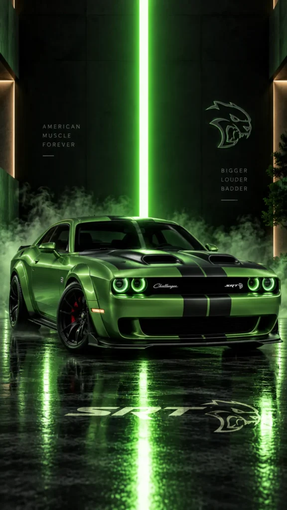 4k-car-wallpaper featuring a green Dodge Challenger SRT with neon green lighting, smoke, and glossy reflections.