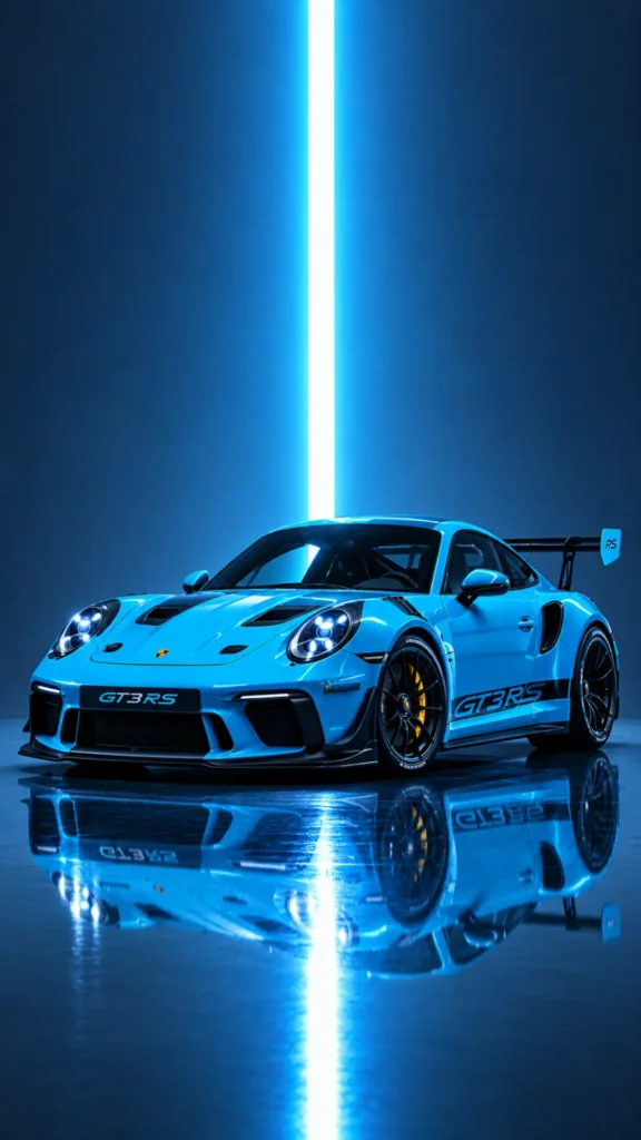4k-car-wallpaper featuring a blue Porsche 911 GT3 RS with blue neon lighting and a glossy floor reflection.