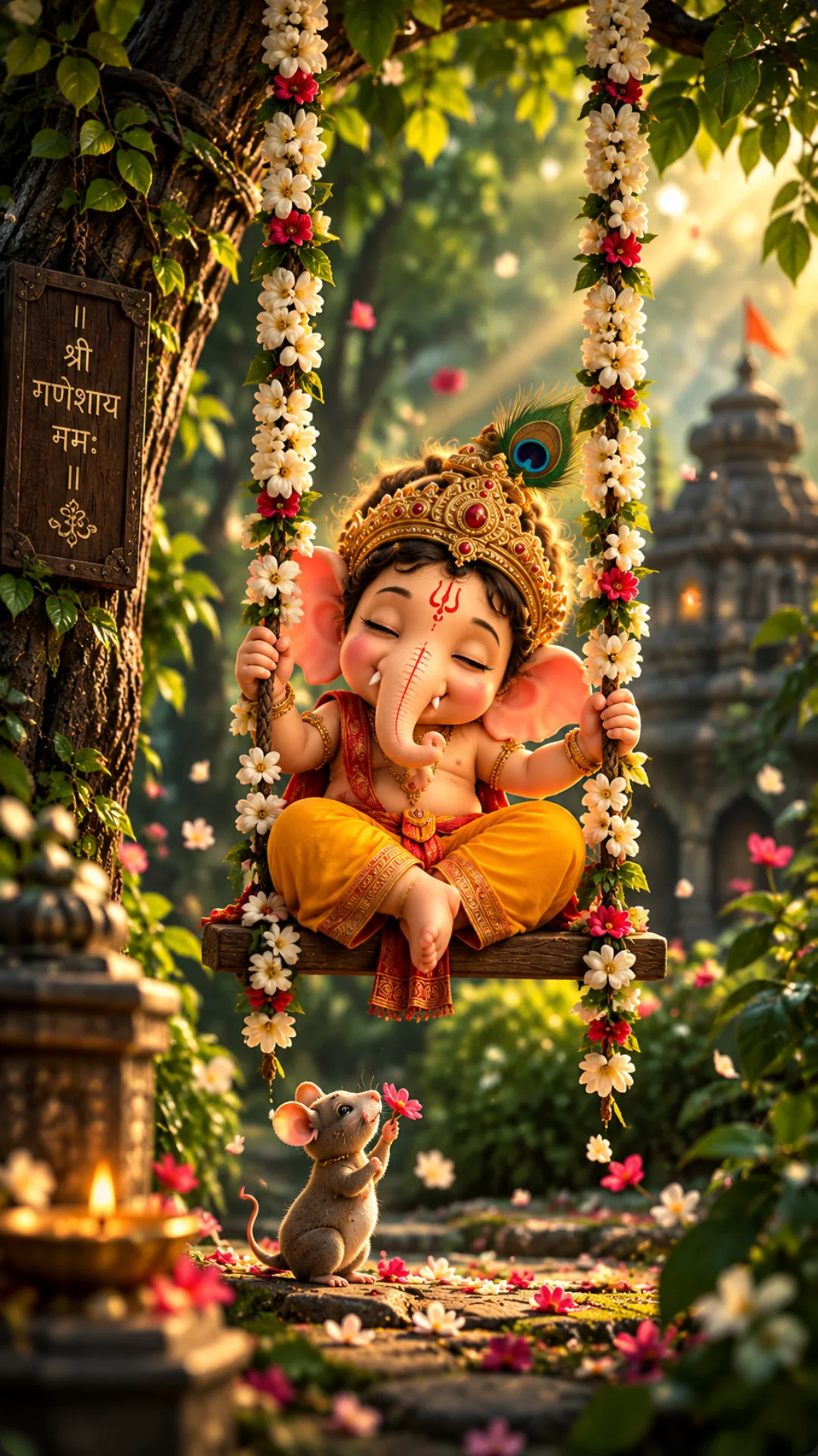 Cute Bal Ganesh sitting on a flower-decorated swing with a mouse in a beautiful temple garden.