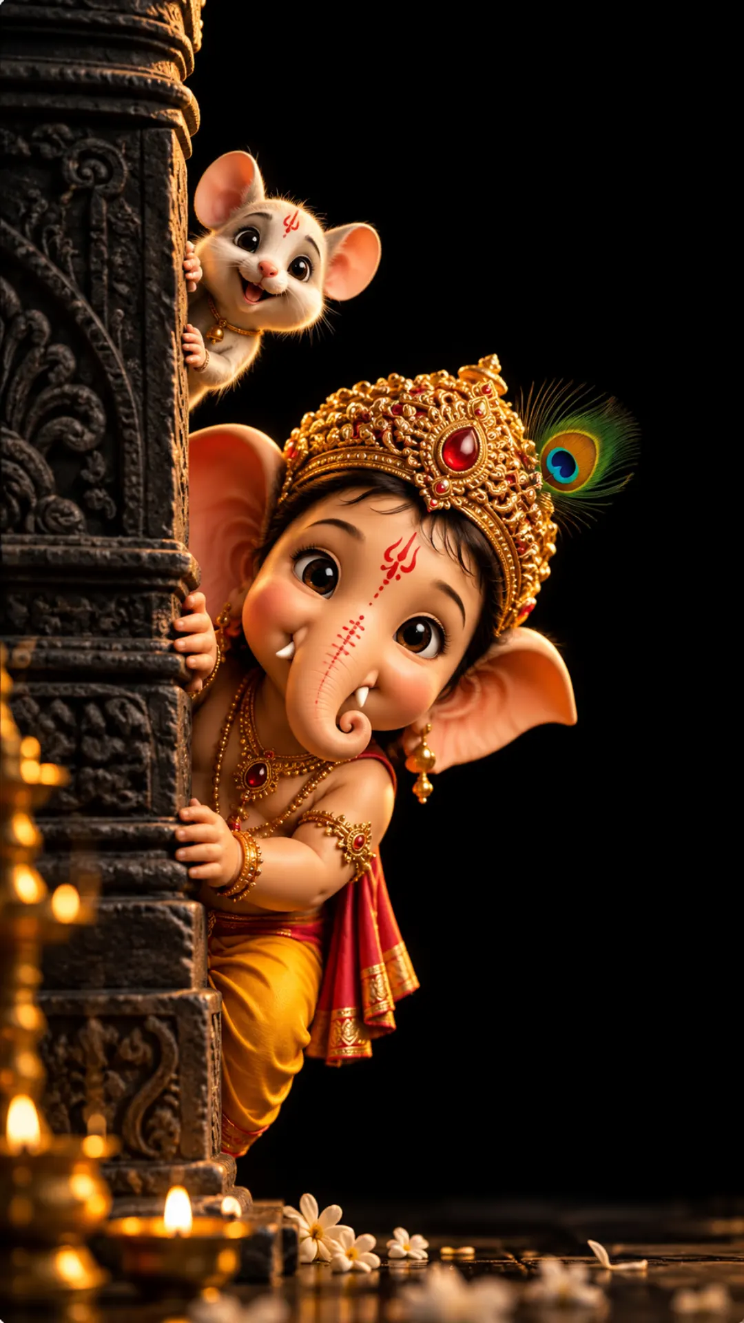 Cute Bal Ganesh with a mouse beside a temple pillar and glowing diyas on a black background.