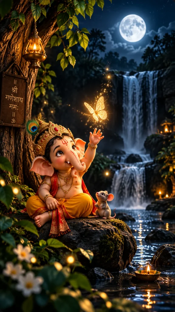 Bal Ganesh sitting with a mouse beside a waterfall under a full moon with glowing diyas.