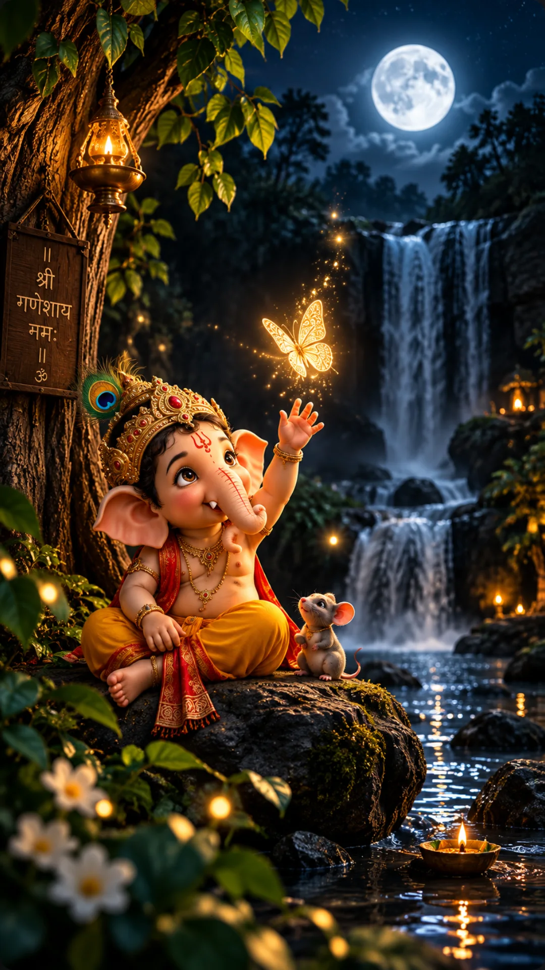 Bal Ganesh sitting with a mouse beside a waterfall under a full moon with glowing diyas.