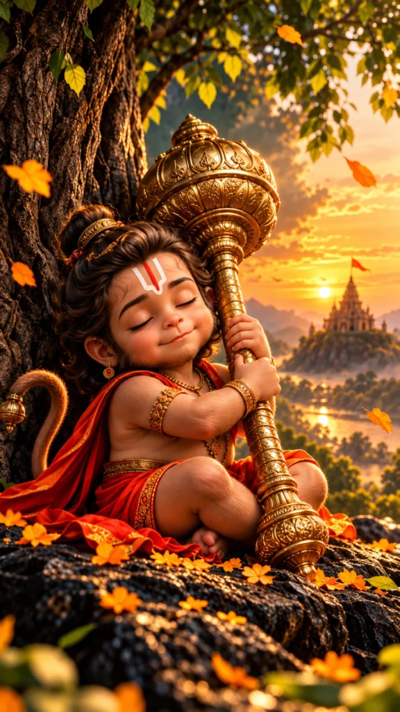bal-hanuman-wallpaper featuring young Lord Hanuman holding a golden gada at sunset