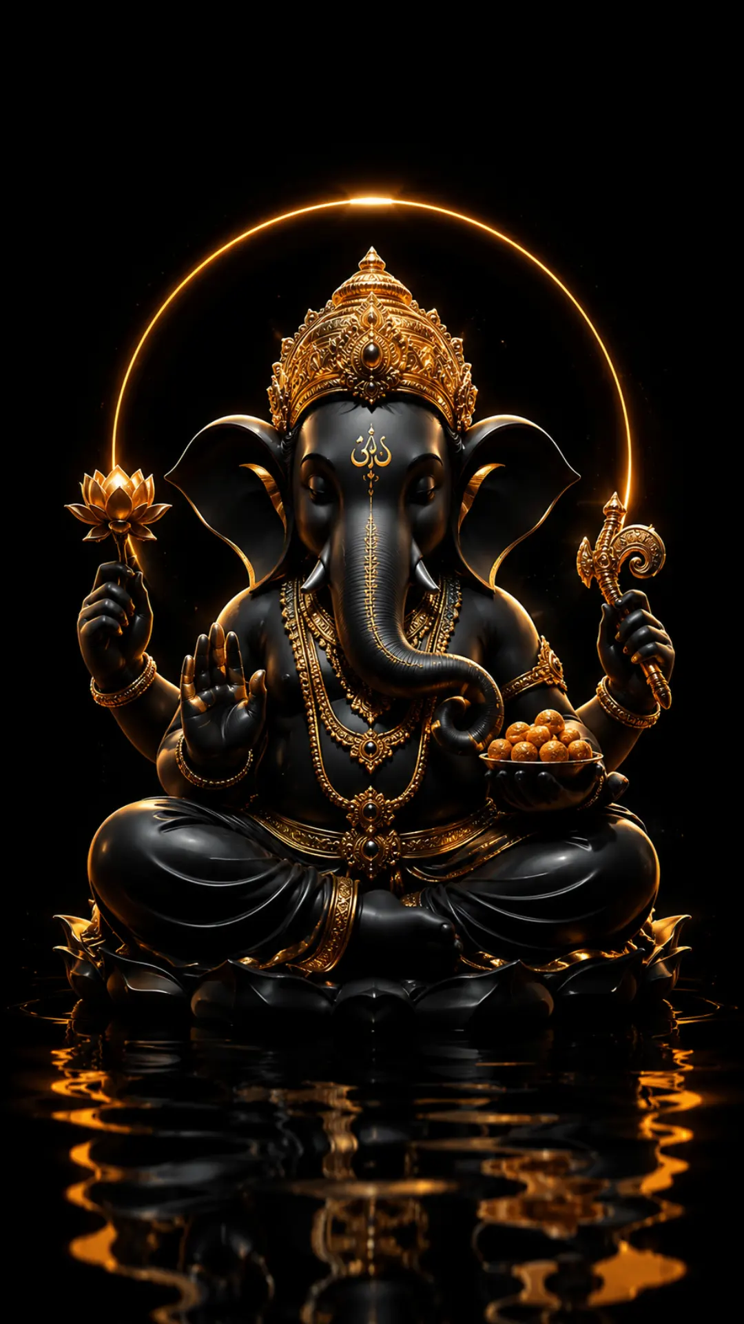 Black Ganesh wallpaper featuring Lord Ganesha seated with golden ornaments, crown, lotus, modak, and glowing halo.