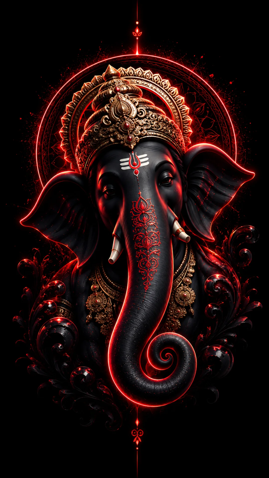 Dark Ganesh wallpaper with Lord Ganesha in black and gold, illuminated by a dramatic red glowing halo.