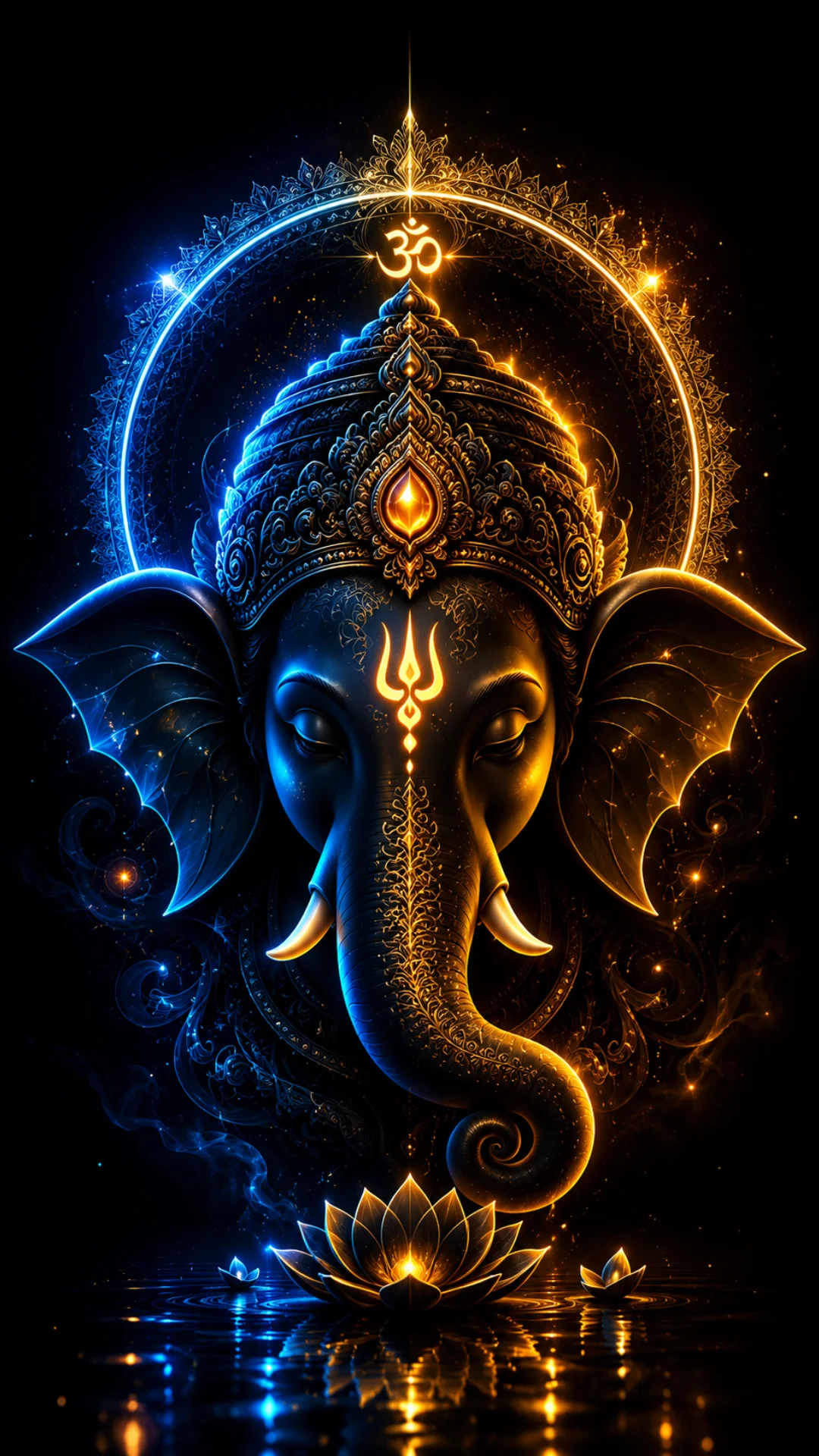 Ganesh 4K wallpaper featuring Lord Ganesha with a glowing blue and golden divine aura and lotus.