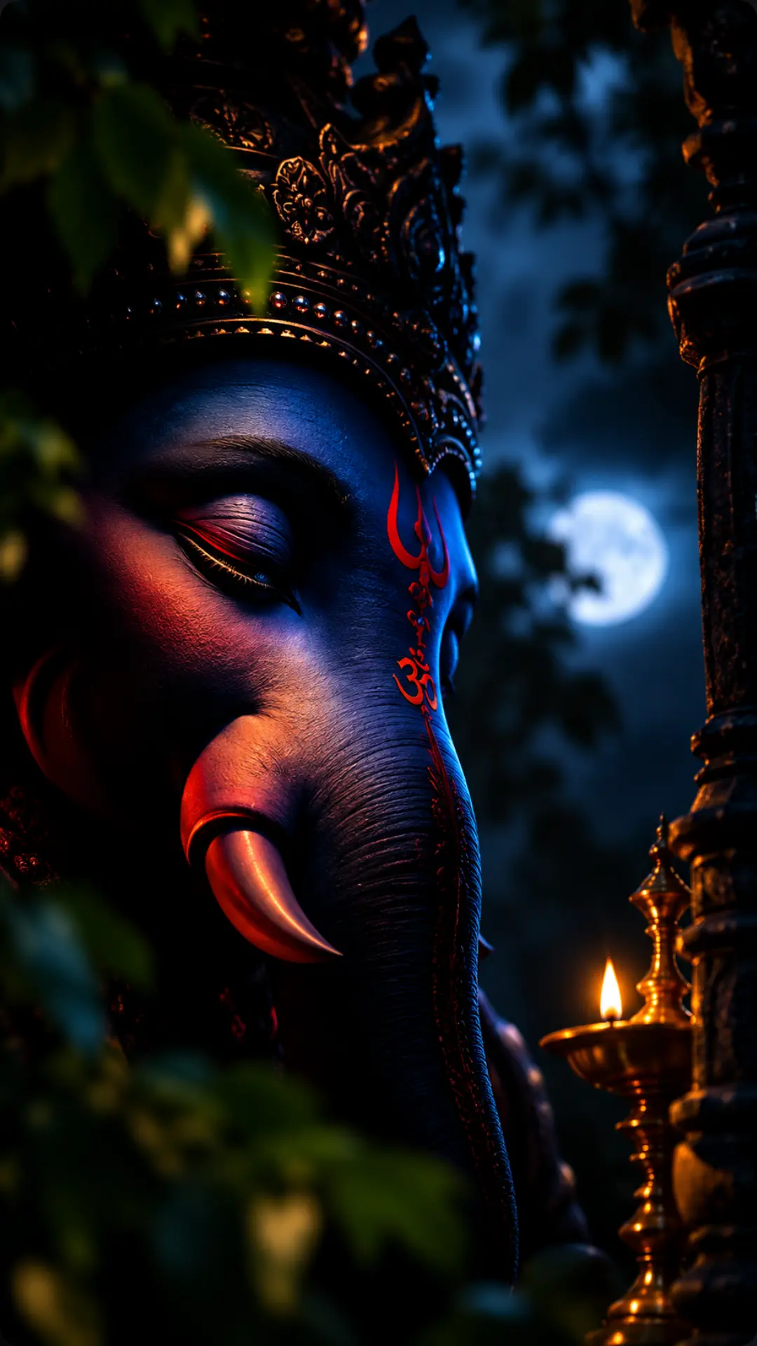 Peaceful Lord Ganesha close-up with a glowing diya, full moon and dark blue temple background.