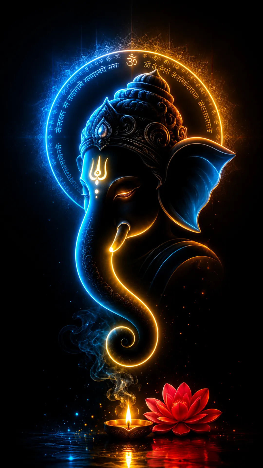 Glowing Ganesh Wallpaper featuring Lord Ganesha with blue and golden light, lotus, and diya on a dark background.