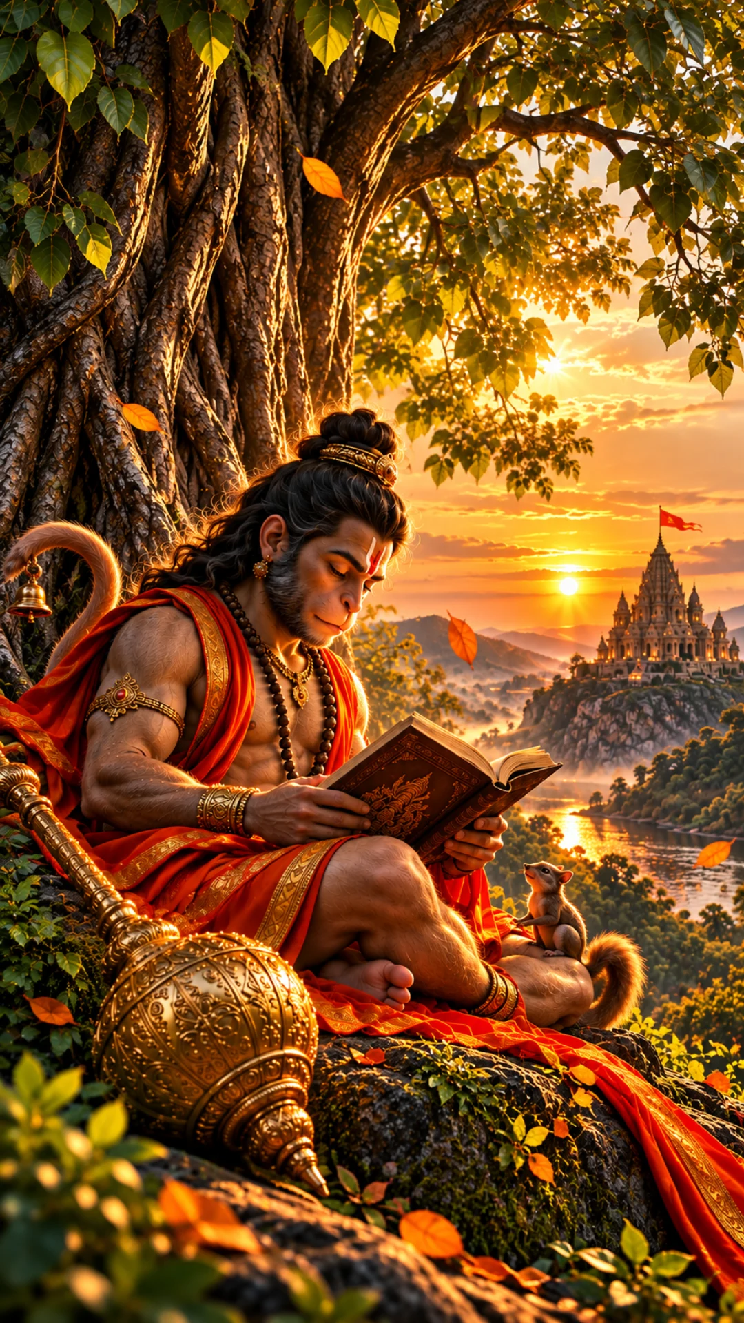 hanuman-wallpaper showing Lord Hanuman reading under a sacred tree at sunset with a temple in the background