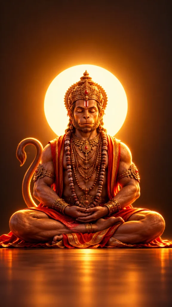 hanuman-wallpaper featuring Lord Hanuman meditating with a radiant golden halo and peaceful devotional aura