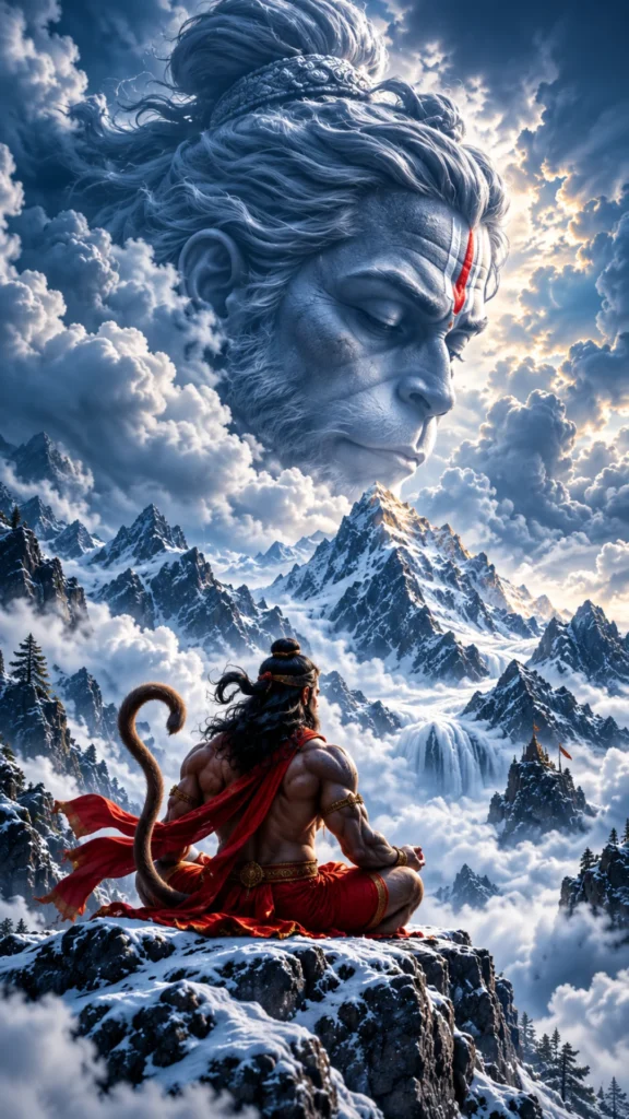 hanuman-wallpaper showing Lord Hanuman meditating in snowy mountains beneath a divine celestial portrait
