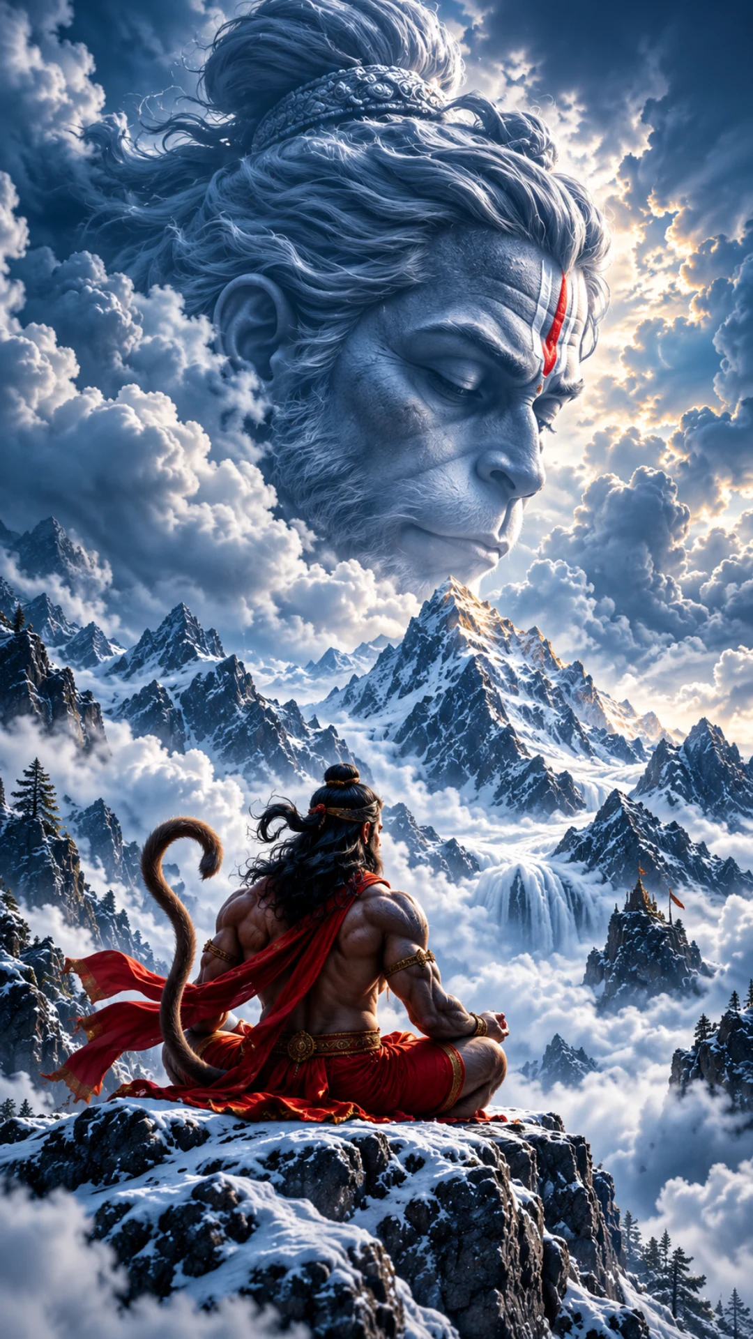 hanuman-wallpaper showing Lord Hanuman meditating in snowy mountains beneath a divine celestial portrait