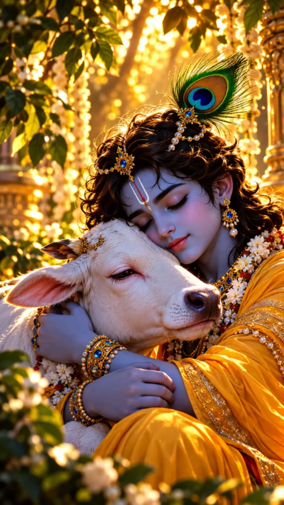Krishna-wallpaper showing Lord Krishna lovingly embracing a white calf beneath warm golden sunlight and flowering trees.