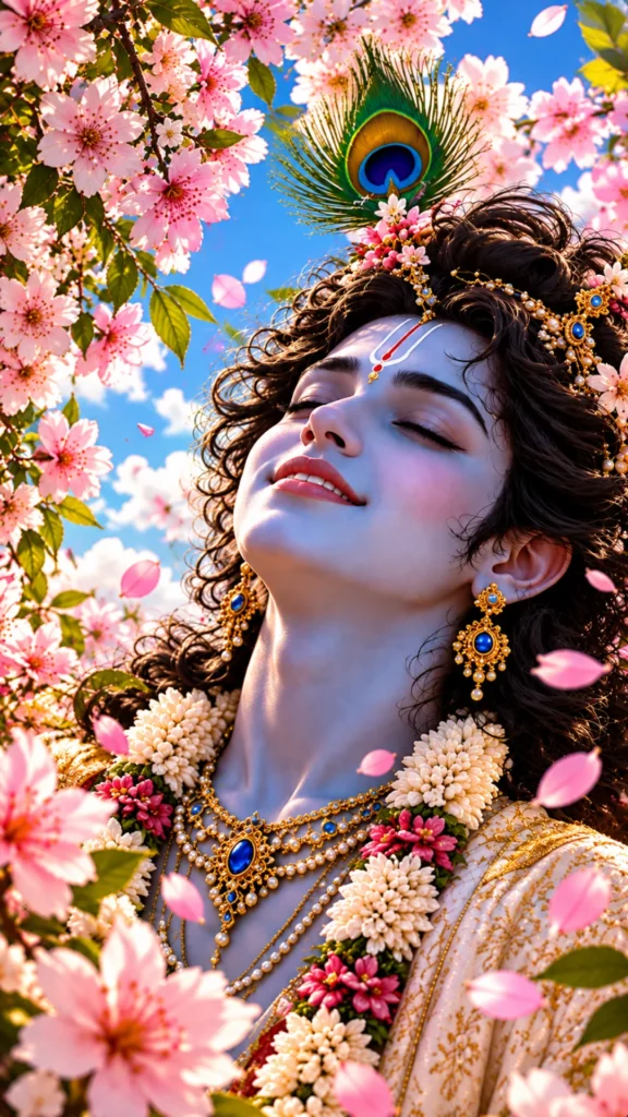 Krishna-wallpaper featuring Lord Krishna with a peacock feather, floral garland, and pink blossoms under a blue sky.