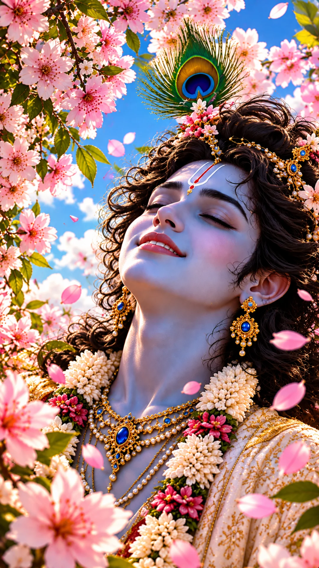Krishna-wallpaper featuring Lord Krishna with a peacock feather, floral garland, and pink blossoms under a blue sky.