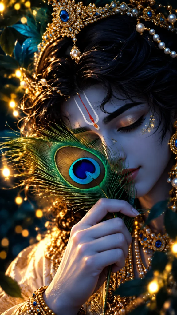 Krishna-wallpaper close-up of Lord Krishna holding a peacock feather with a jeweled crown and glowing golden lights.