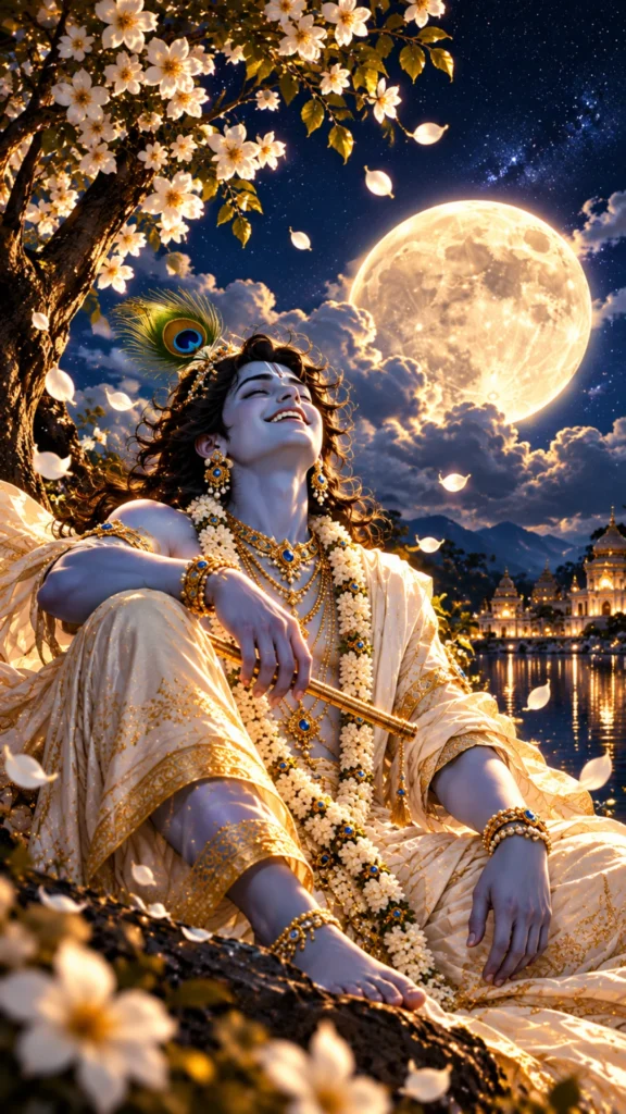 Krishna-wallpaper showing Lord Krishna with a flute beneath a glowing full moon, flowers, and a peaceful riverside palace.
