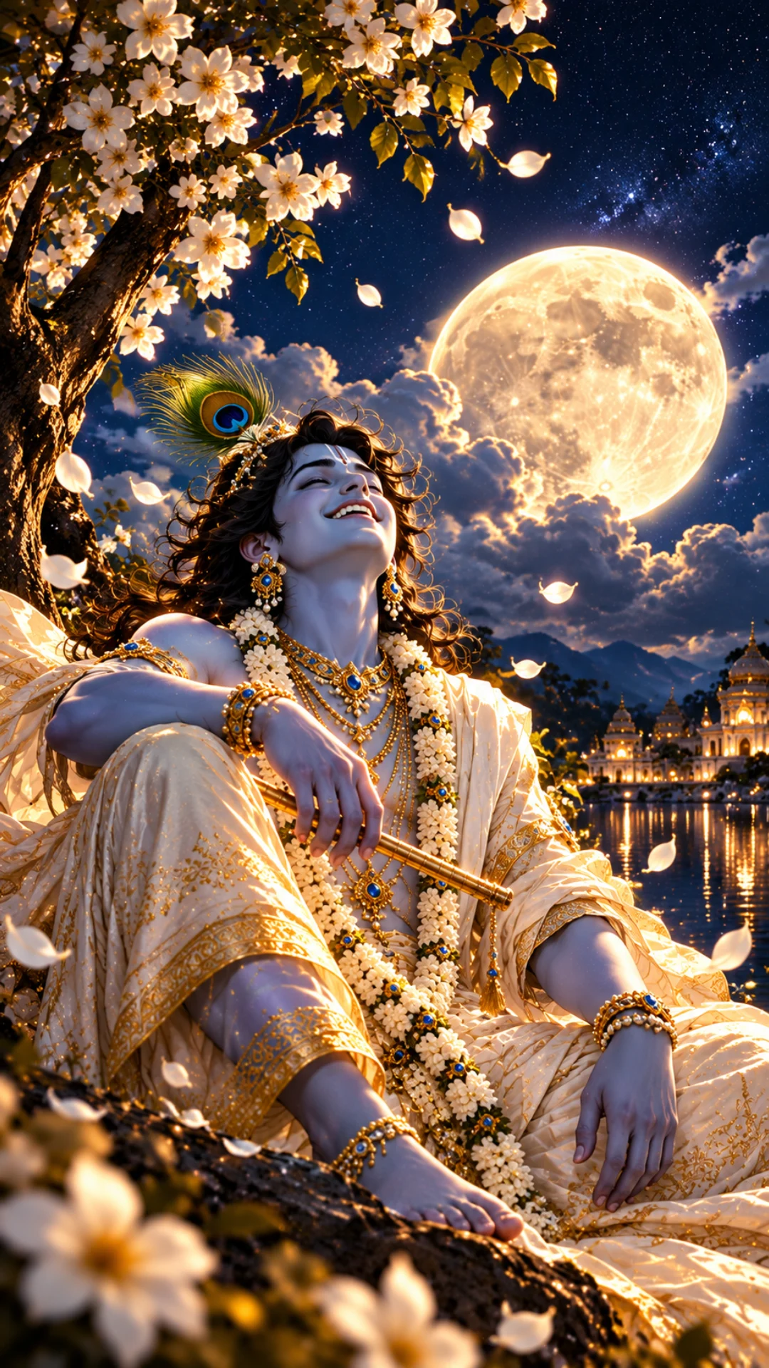 Krishna-wallpaper showing Lord Krishna with a flute beneath a glowing full moon, flowers, and a peaceful riverside palace.
