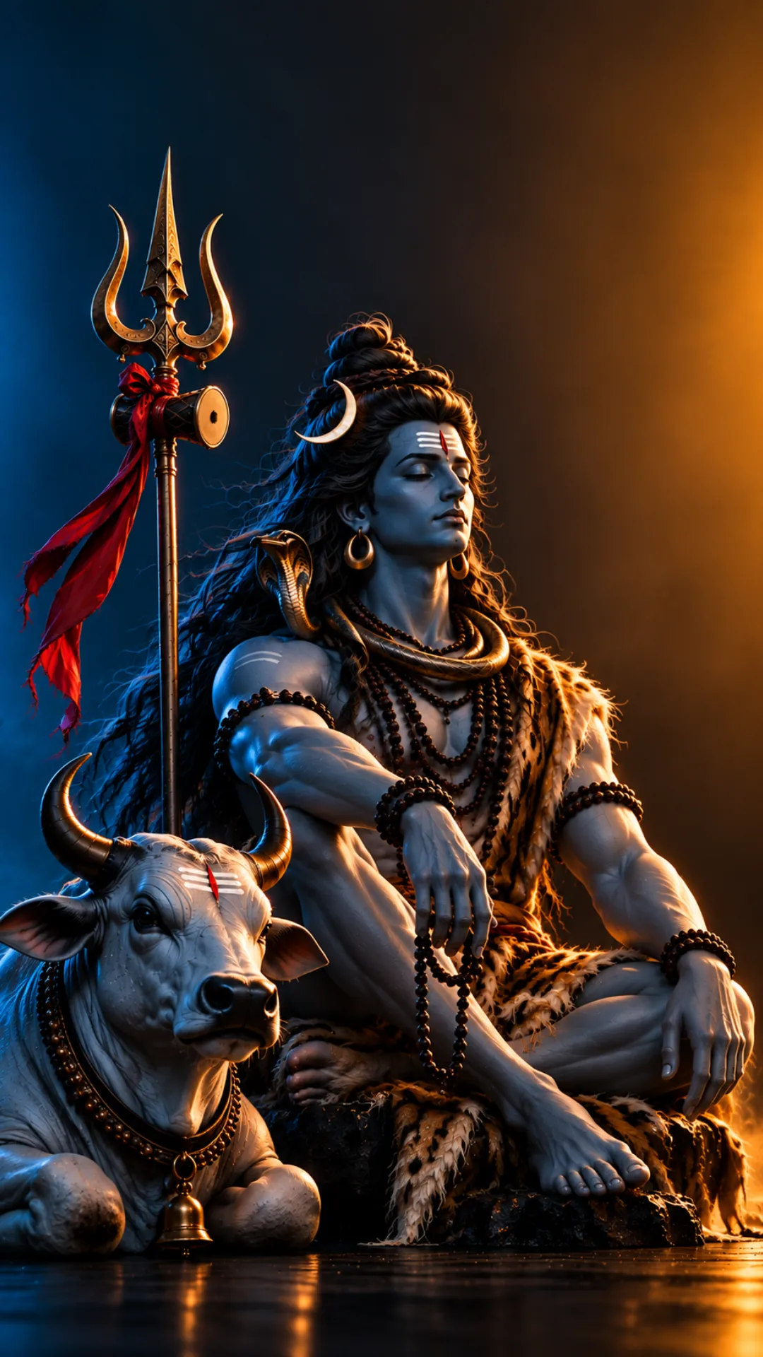 mahadev-wallpaper-hd-4k showing Lord Shiva with Nandi, Trishul, crescent moon, serpent, and golden blue lighting.