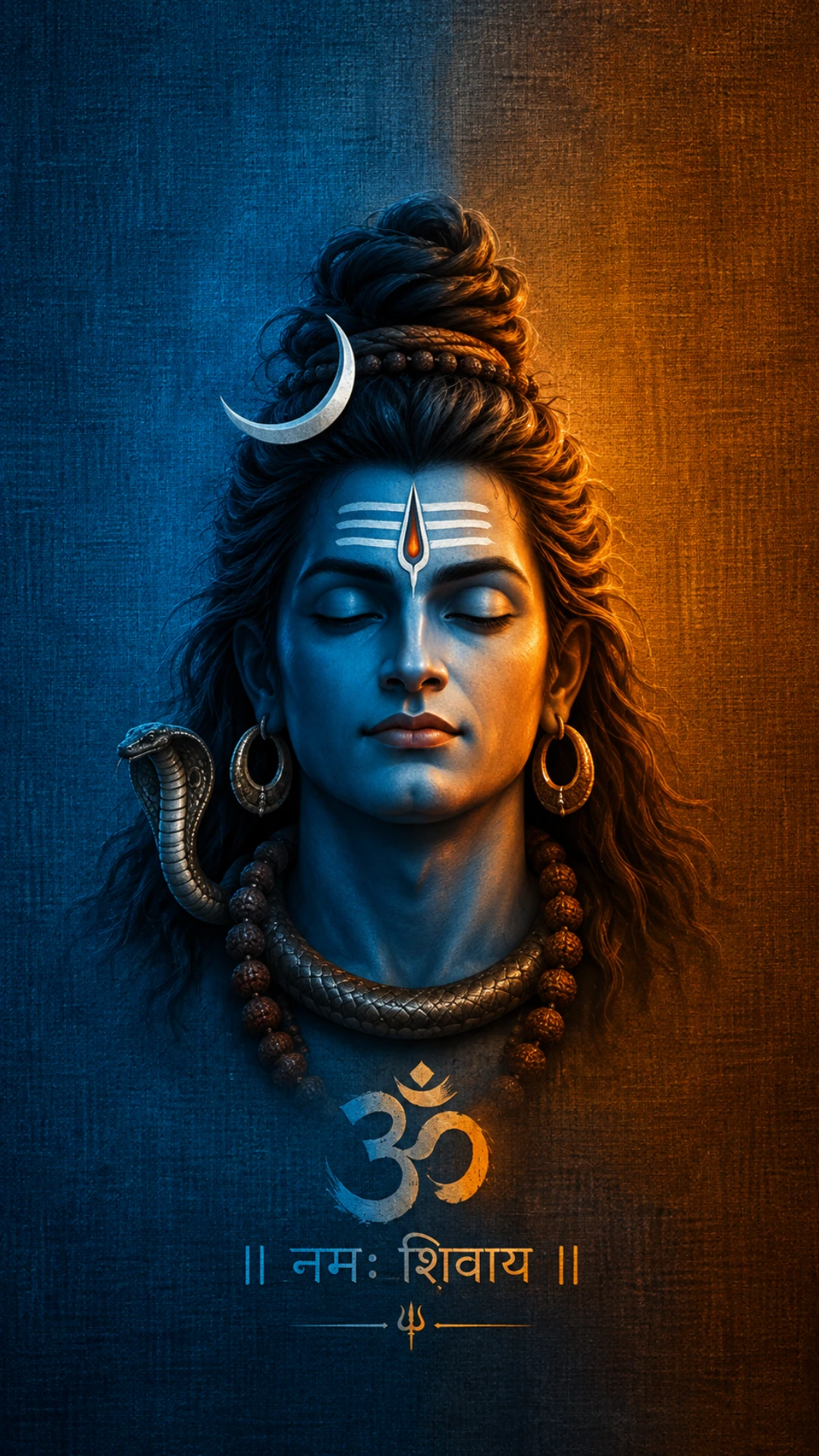 Peaceful Lord Shiva portrait with crescent moon, serpent, Rudraksha beads, Om symbol, and blue golden lighting.