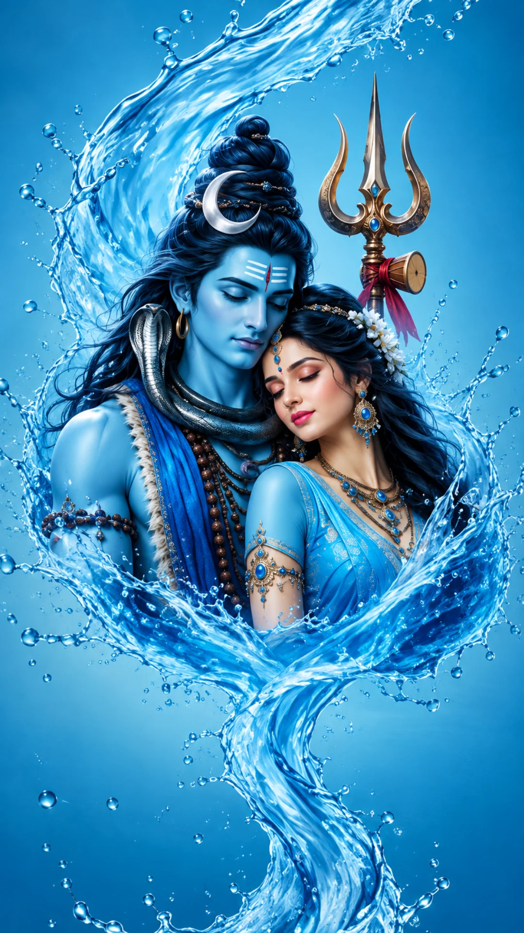 Mahadev-Wallpaper-HD-4K featuring Shiva and Parvati surrounded by flowing water, Trishul, crescent moon, and blue tones.