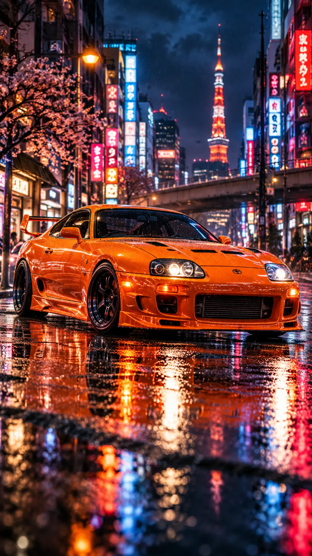Orange Toyota Supra on a neon-lit Tokyo street at night with cherry blossoms and wet pavement reflections.