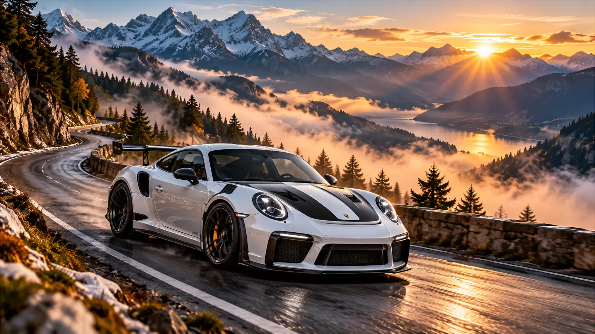 White Porsche 911 on a mountain road at sunrise with snowy peaks, misty valleys, and golden light.