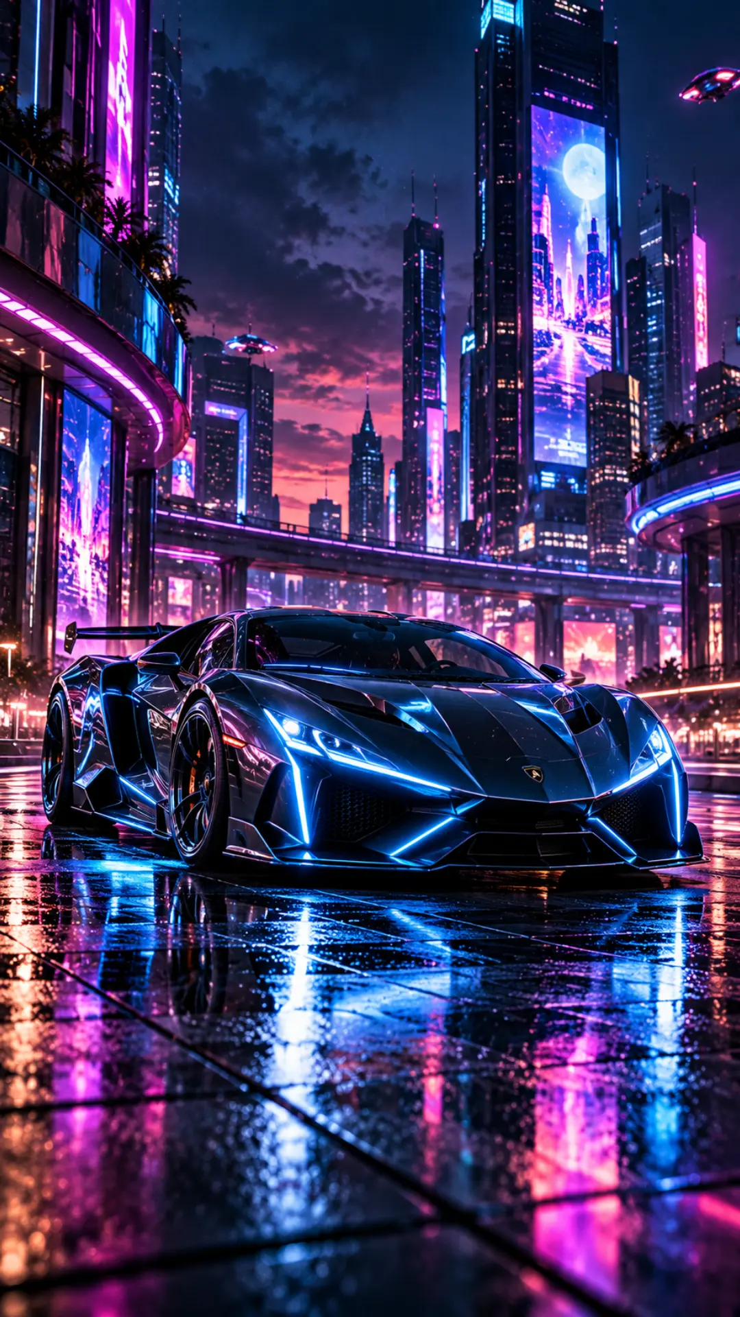 Black Lamborghini supercar with blue neon lights on a futuristic city street at night with pink reflections.