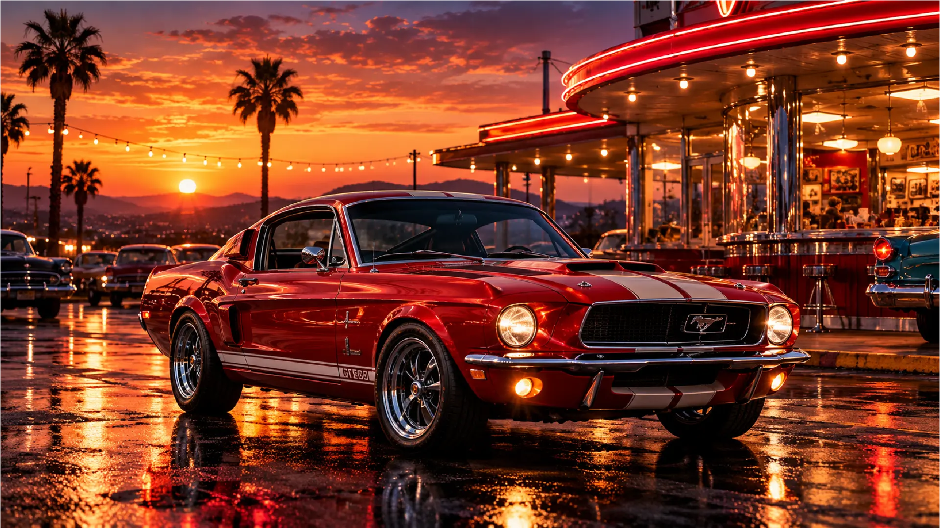 Red classic Ford Mustang with white racing stripes outside a retro diner at sunset, reflected on wet pavement.