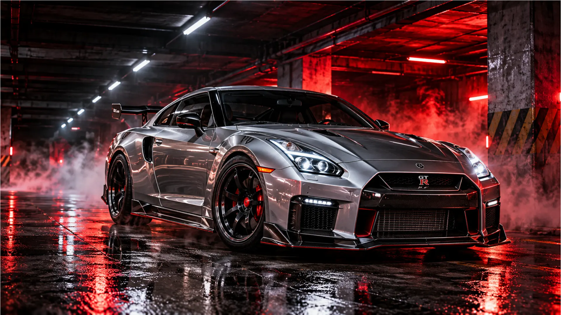 Silver Nissan GT-R in a red neon garage with wet floor reflections, featured in a dramatic 4K car wallpaper.
