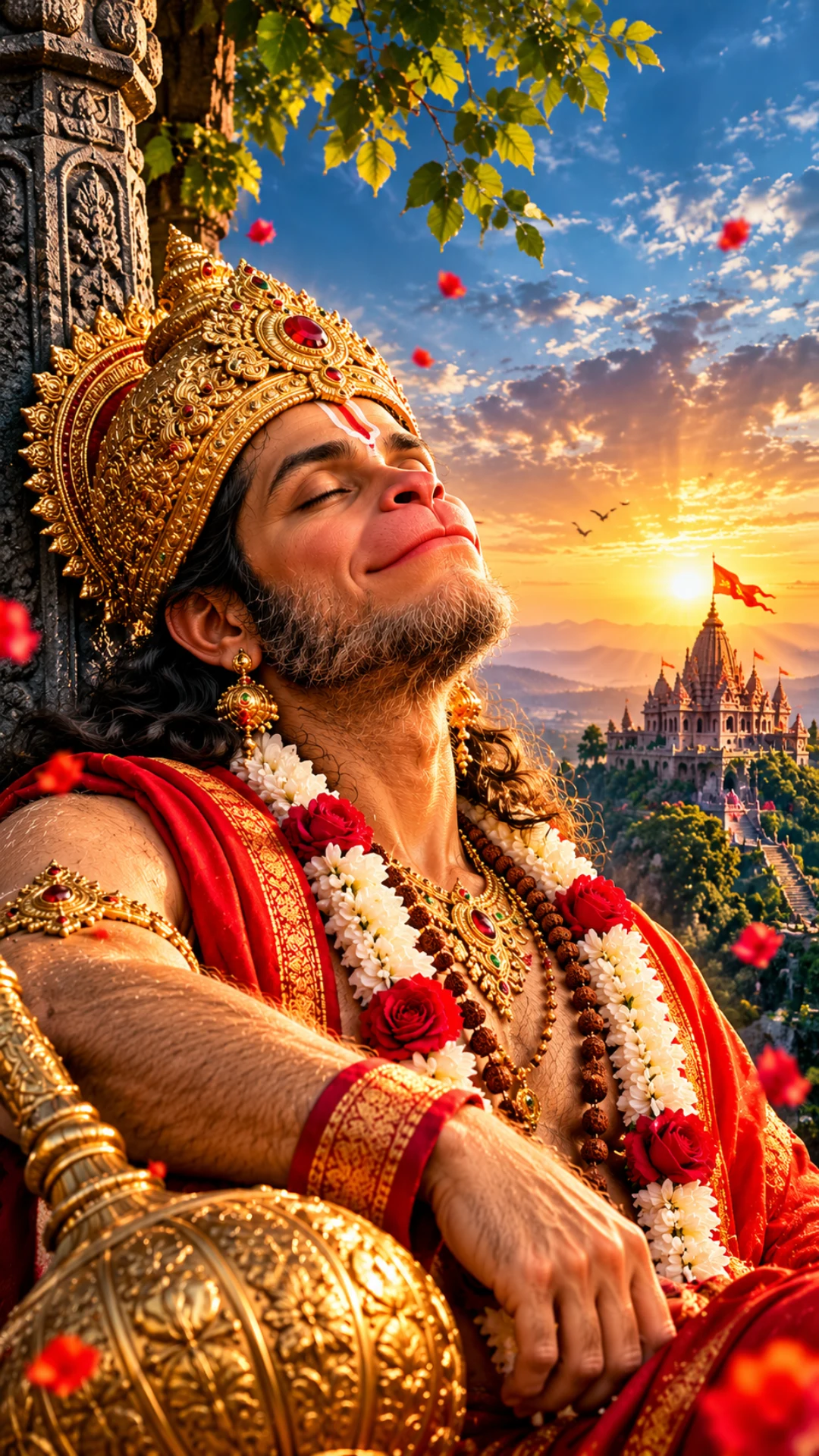 Hanuman-wallpaper-4k featuring Lord Hanuman in red attire with a golden crown at sunset near a temple.