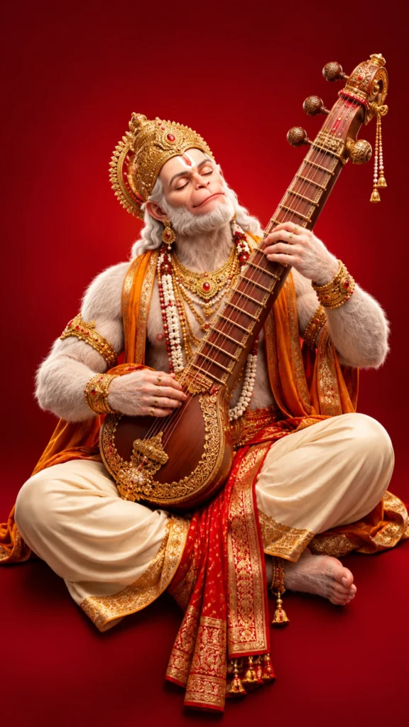 Hanuman-wallpaper-4k featuring Lord Hanuman playing a veena in golden ornaments and traditional attire.