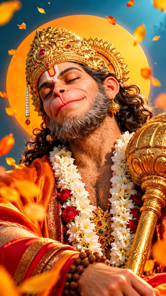 Hanuman-wallpaper-4k featuring Lord Hanuman with a golden crown, ornate gada, flower garlands, and a radiant sun.
