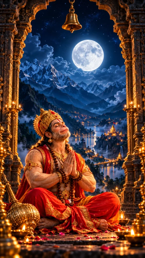 Download a stunning Hanuman-wallpaper-4k featuring Lord Hanuman meditating peacefully beneath a glowing full moon in a majestic mountain temple. This high-quality devotional wallpaper combines beautiful golden temple details, vibrant red attire, and a magical night sky. Perfect for mobile screens and devotees searching for Hanuman Ji wallpaper 4K, Hanuman HD wallpaper, and beautiful wallpaper Hanuman images.