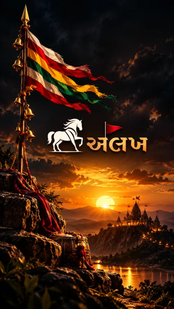 Explore this beautiful Ramapir-Photo-HD featuring the sacred Neja flag, golden temple, white horse symbol, and stunning sunset. A devotional wallpaper inspired by Ramdev Pir Maharaj and the spiritual heritage of Gujarat and Rajasthan.