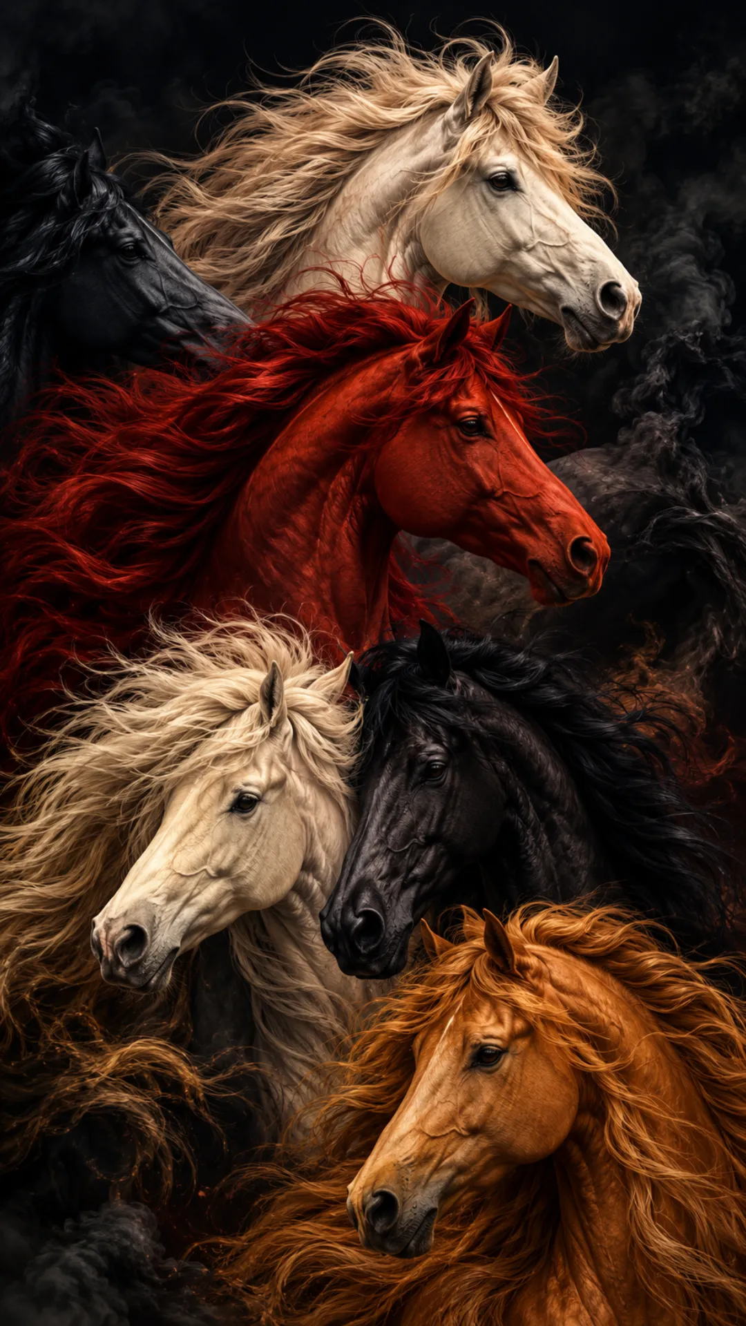 Beautiful horse pictures featuring white, black, chestnut, and golden horses with flowing manes against a dark background.