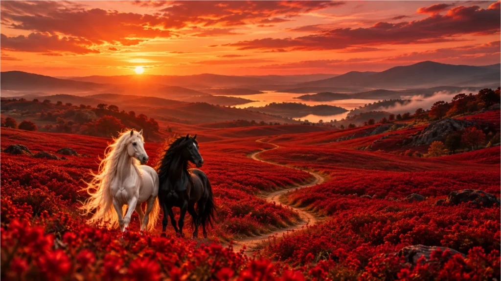 Beautiful horse pictures of a white and black horse standing in a red flower meadow at sunset.