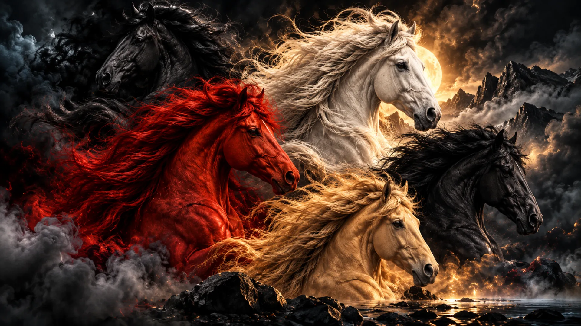Beautiful horse pictures featuring black, white, golden, and red horses against a dramatic smoky mountain landscape.