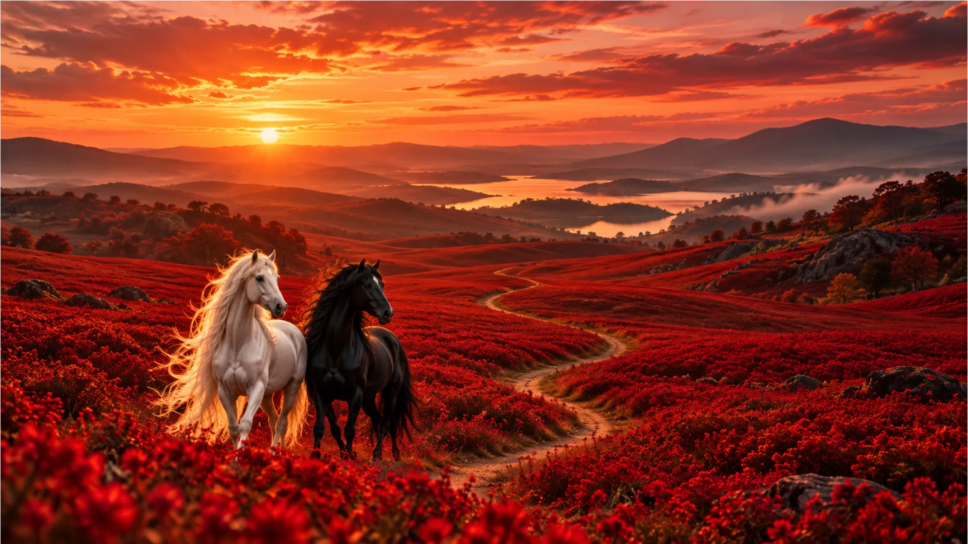 Beautiful horse pictures of a white and black horse standing in a red flower meadow at sunset.