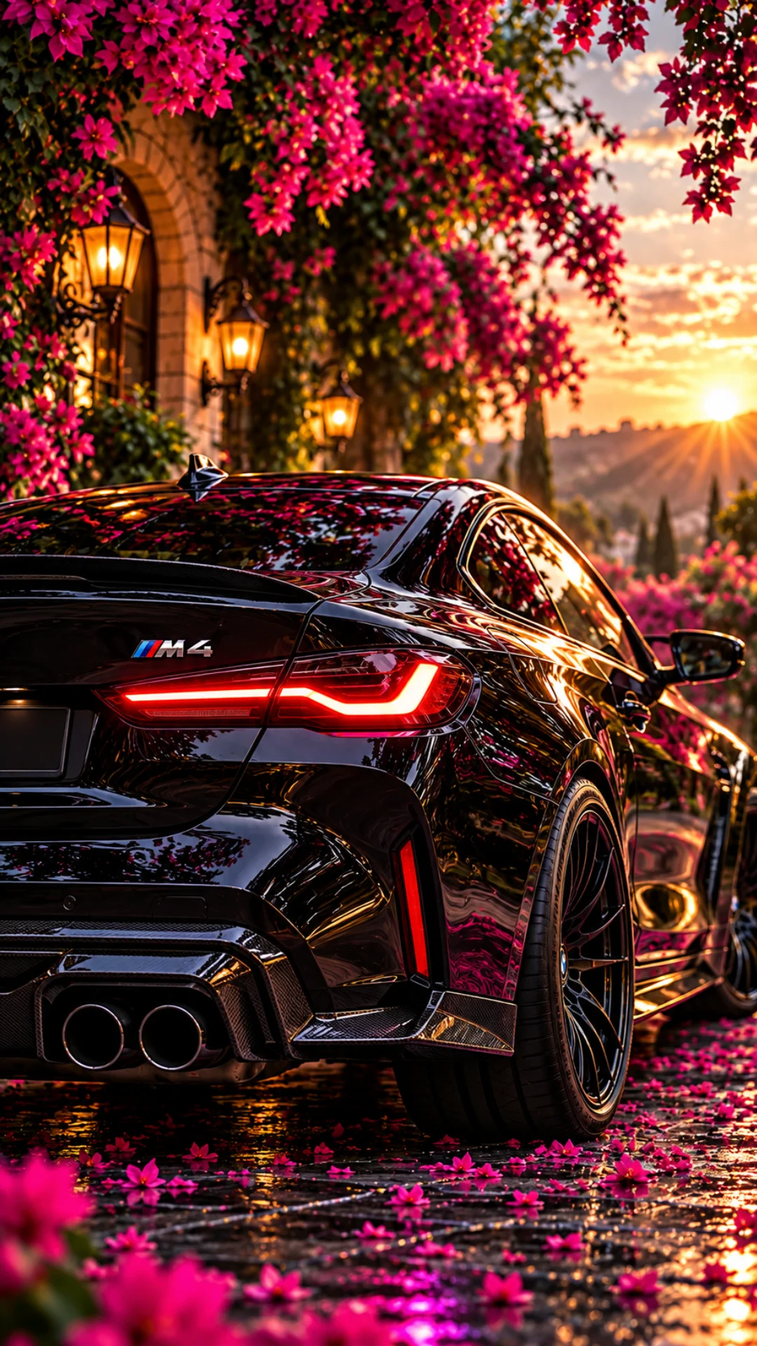 Black BMW M4 with glowing red taillights beneath pink blossoms at sunset, reflected on a wet garden path.