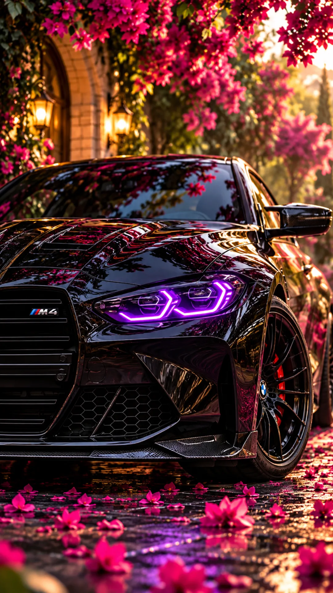 Black BMW M4 with glowing purple headlights beneath pink blossoms, with golden sunlight reflecting on wet pavement.