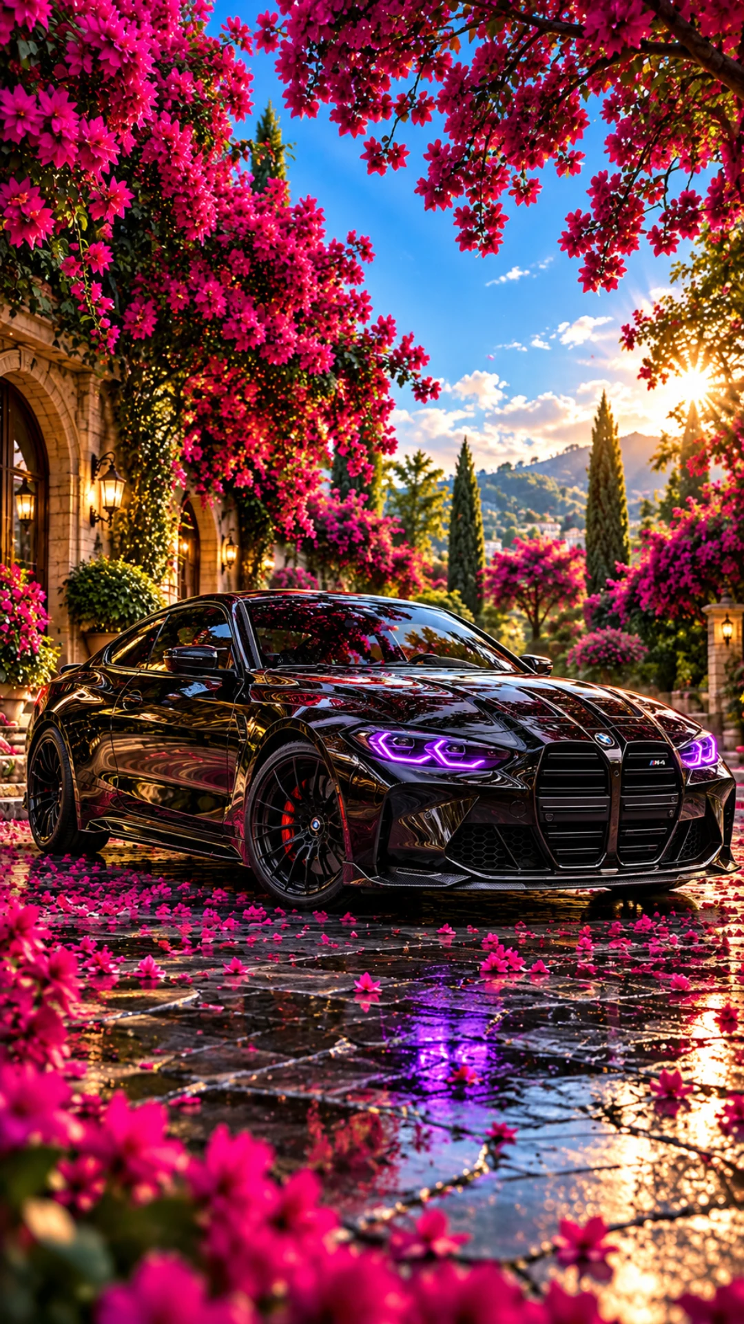 Black BMW M4 with purple headlights beneath pink flowers in a sunny garden, reflected on wet pavement.