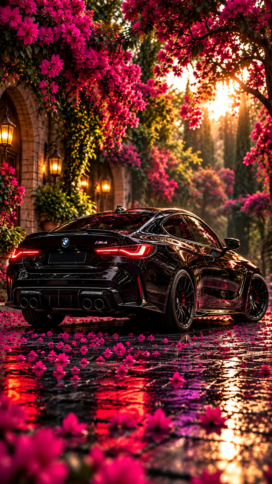 Black BMW M4 in a pink flower garden at sunset, black car wallpaper 4K with dramatic wet pavement reflections.