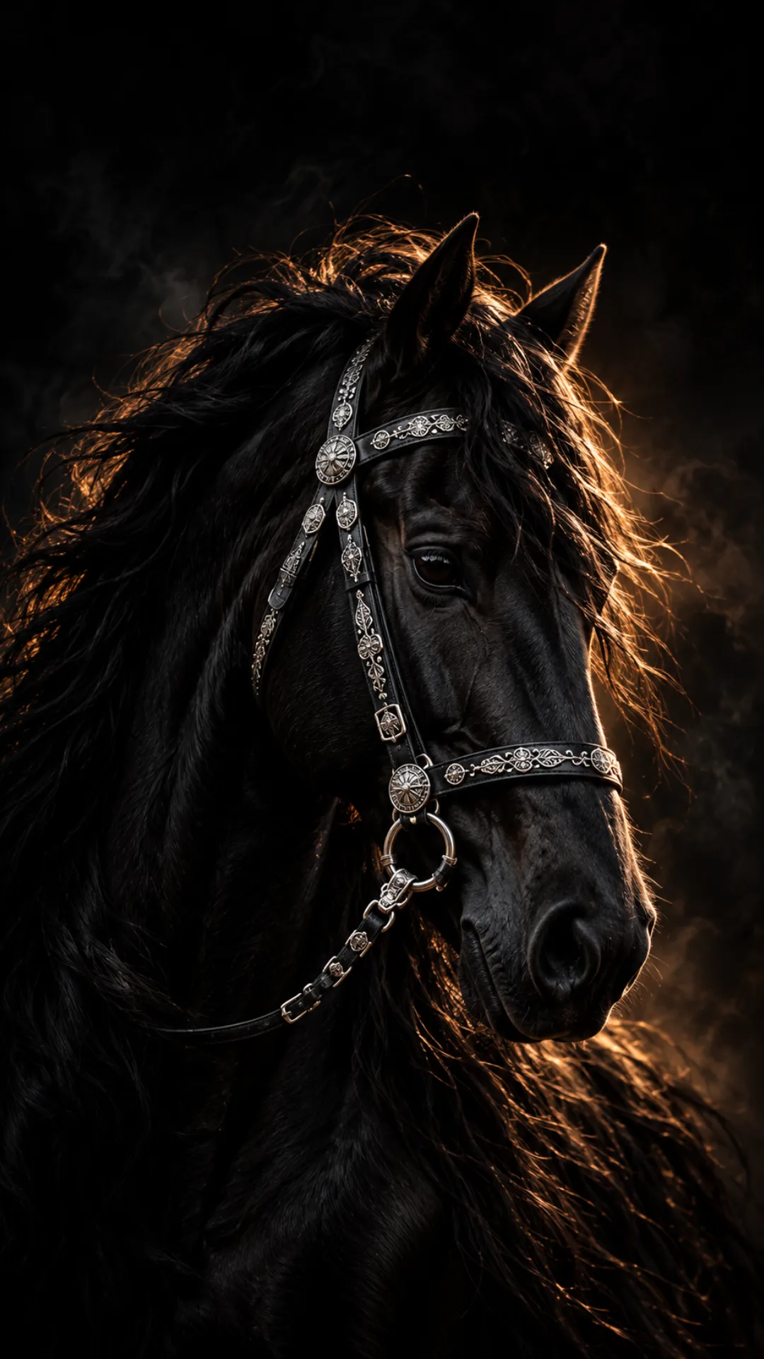 Black horse wallpaper featuring a majestic black horse with a silver bridle and golden lighting.
