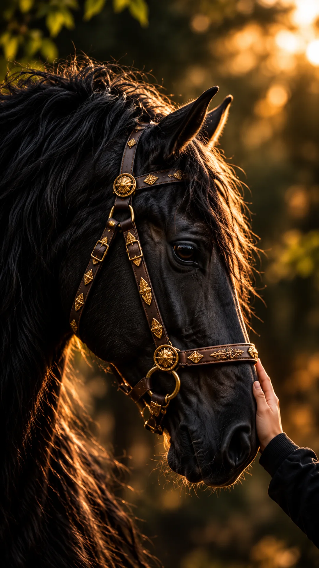 Black horse pictures featuring a majestic black horse with a golden bridle being gently touched in warm sunlight.