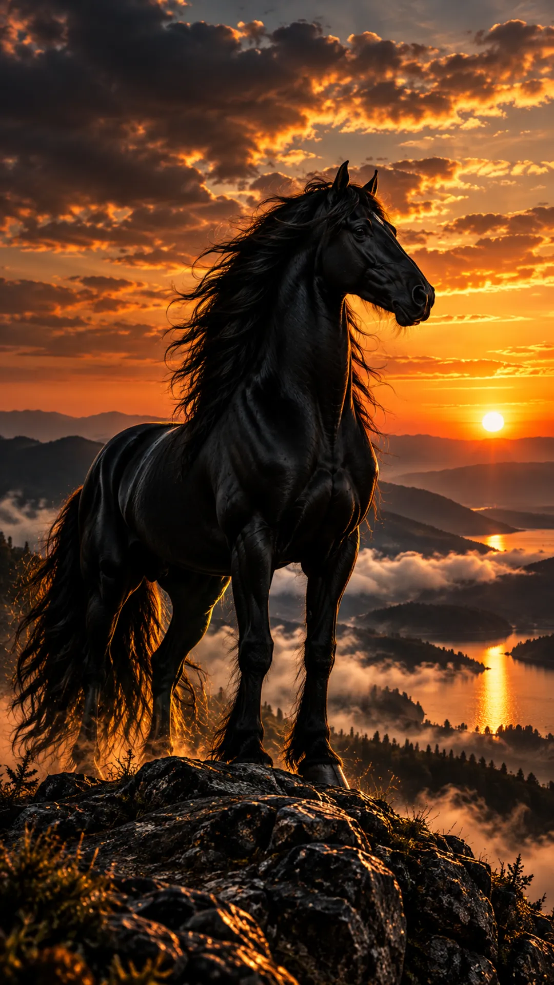 Black horse wallpaper featuring a majestic black horse on a mountain peak at a glowing orange sunset.
